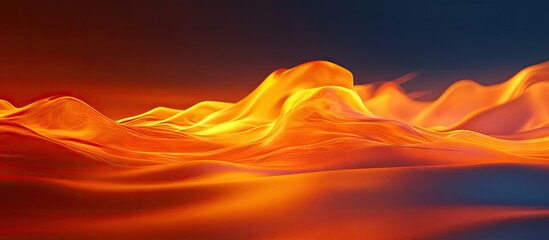 Fototapete - Dynamic orange and yellow flames undulating across a dark blue background convey energy and movement in a captivating abstract composition.