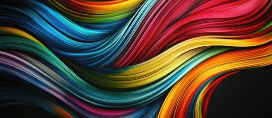 Fototapete - Dynamic multicolor wave lines in red, yellow, blue and green flow elegantly across a solid black background, creating a vibrant energetic design.