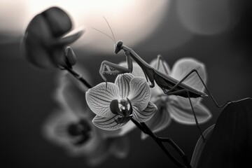 Poster - A praying mantis delicately perched on a vibrant orchid, a captivating monochrome study of nature's beauty.