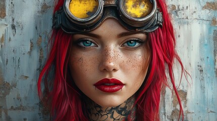 Poster - Dynamic portrait of rebellious woman with vibrant red hair steampunk goggles on her head metallic tattoos bold red lips and urban street art elements blending with gritty industrial textures