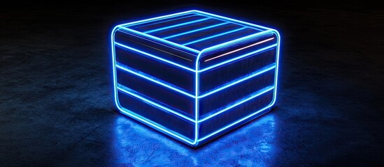 Fototapete - Glowing blue abstract business cube icon positioned centrally on a dark textured background, symbolizing online technology and innovation.