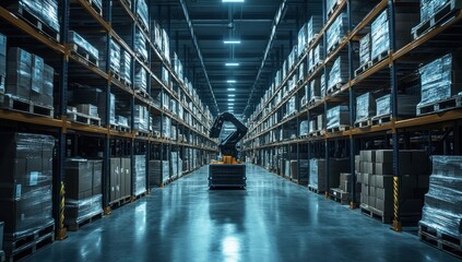 Poster - Advanced Robotic Arm in Modern Warehouse with Organized Shelves and Pallets, Showcasing Automation and Efficiency in Supply Chain Operations