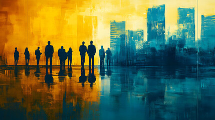 Poster - Corporate discussion in a digital art workspace urban cityscape visual representation professional environment aerial view innovative concepts