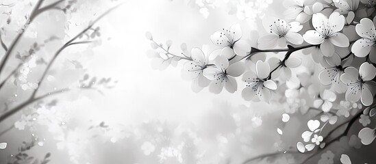 Poster - Soft white cherry blossoms on gentle gray background with blurred bokeh effect, creating a serene and dreamy ambiance for tranquil settings.