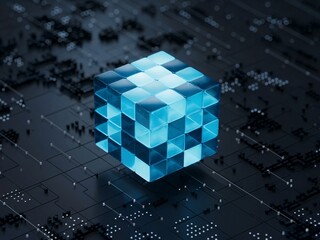 glowing digital cube on futuristic circuit background