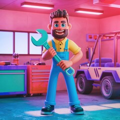 Aufkleber - A cheerful cartoon mechanic holds a large wrench in a vibrant garage setting.