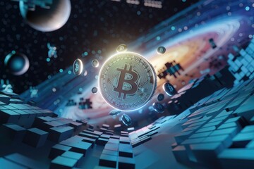Poster - A Bitcoin cryptocurrency coin floats in a futuristic, space-themed digital landscape.