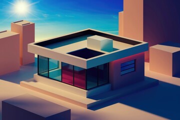 Poster - Modern minimalist house design with a rooftop pool, bathed in sunlight.