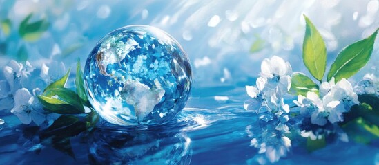 Vibrant blue abstract world globe in center surrounded by soft white flowers and green leaves on a shimmering water surface with bright highlights