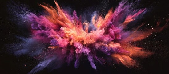Poster - Vivid explosion of colorful smoke in shades of purple, orange, and blue against a black background, radiating outward from the center.