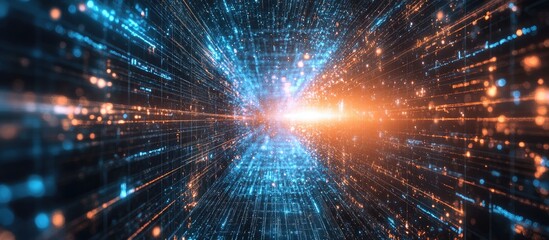 Fototapete - Futuristic digital landscape with blue and orange light streaks creating a sense of depth, radiating from the center against a dark background.