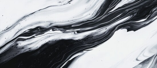 Poster - Black and white abstract marble texture with flowing wave curves and subtle oil water effects creating a dynamic artistic appearance