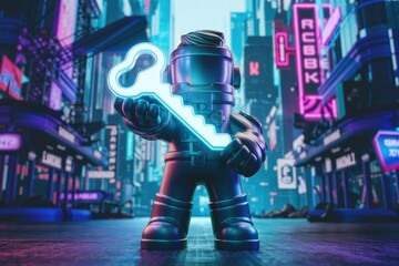 Poster - A futuristic robot holds a glowing key in a neon-lit city, symbolizing access or opportunity.