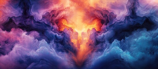 Fototapete - Dynamic abstract backdrop in gradient blue to purple with fiery orange center, showcasing vibrant fluid shapes and seamless transitions.