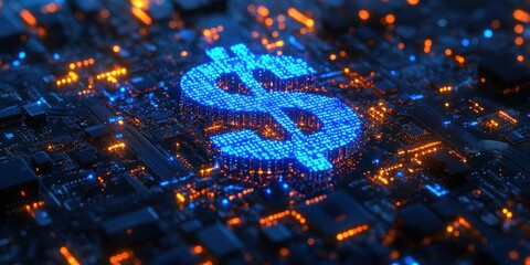 Poster - Blue Digital Dollar Symbol on Circuit Board with Glowing Lights and Modern Technology Background for Financial and Tech Concepts