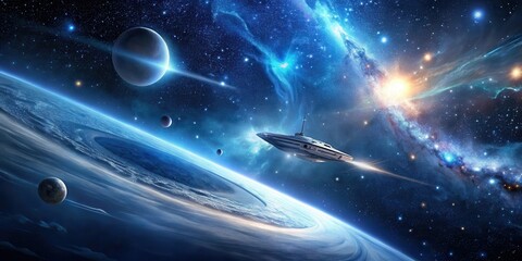 Wall Mural - A futuristic spacecraft glides past a vibrant nebula and a swirling planet, leaving a luminous trail in the cosmic expanse.