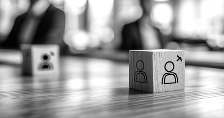 Poster - Business Meeting Concept with Wooden Cubes Featuring Person Icons in Focus on Table with Blurred Background of Professionals Engaged in Discussion