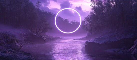 Poster - Lavender forest and river under daylight featuring a prominent purple circular stage with radial highlights and abstract 3D web design elements.