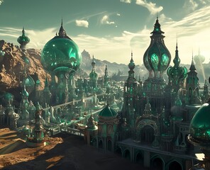 Wall Mural - The Emerald City with its baroque architecture and jewel-covered buildings glistens at sunrise in the surrounding desert