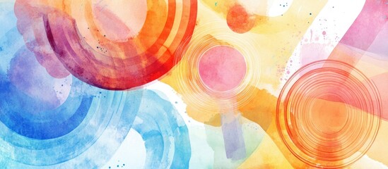Fototapete - Vibrant watercolor abstract design with colorful ovals circles and spirals on a soft light background showcasing red orange blue and yellow hues
