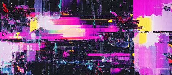 Fototapete - Abstract neon purple glitch background with bold stripes and patterns in vibrant colors of pink, yellow, and blue creating a striking visual effect.