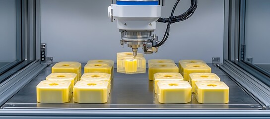 Poster - Automated robotic arm precision-processing of yellow cuboid objects within a controlled environment.