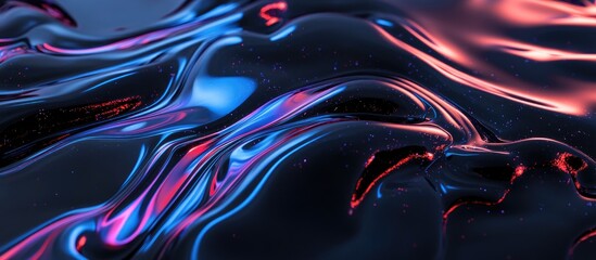 Fototapete - Glossy black surface with dynamic vibrant neon lines in blue and red reflecting visually striking effects ideal for contemporary design themes