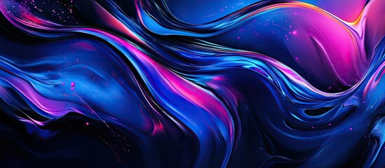 Fototapete - Illuminated abstract design with dark blue background featuring vibrant pink and purple flowing paint splashes and soft gradient bokeh effects