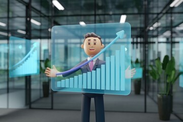 Poster - A 3D cartoon businessman presents an upward trending bar graph, showcasing business growth and success.