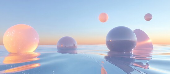 Poster - Abstract celestial scene with serene pastel spheres in soft pink and purple hues reflected in calm water at sunset, inspiring creativity and innovation.