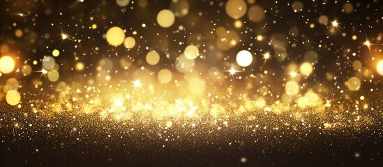 Poster - Golden shimmering bokeh with warm yellow and orange tones on a dark background, creating a magical and festive atmosphere.