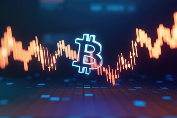 Poster - Bitcoin price fluctuating, shown as a glowing symbol over a candlestick chart reflecting market volatility.
