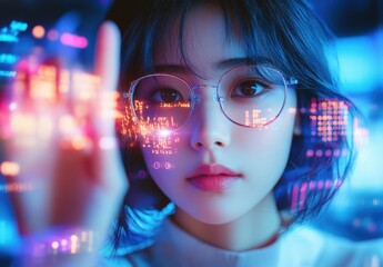 Aufkleber - Close-Up of a Young Woman Interacting with Digital Interface Surrounded by Colorful Technology Graphics and Futuristic Neon Lighting