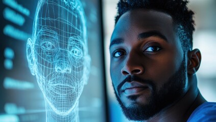 Aufkleber - Close-Up of a Serious Man Looking at a Digital Facial Model on a Screen in an Innovative Technology Environment