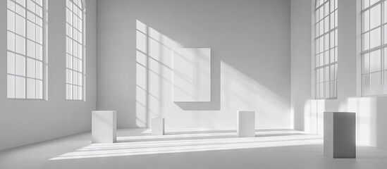 Poster - Minimalistic interior space with white cube display stands, large windows casting shadows, and a blank frame in light gray tones, modern aesthetic.