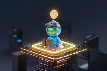 Poster - A 3D-rendered miner sits atop a futuristic tech platform, a Bitcoin symbol hovering above, symbolizing cryptocurrency mining.