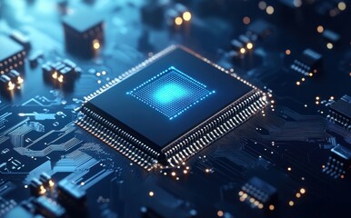 Poster - Close-Up of High-Tech Microprocessor on Circuit Board with Glowing Patterns and Chips, Symbolizing Innovation in Technology and Computing