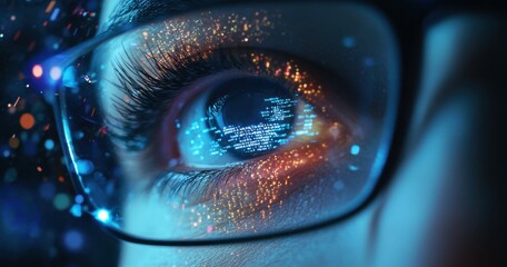 Poster - Close-Up of Human Eye Reflecting Digital Data, Binary Code, and Colorful Lights Representing Technology, Innovation, and Cybersecurity Concepts