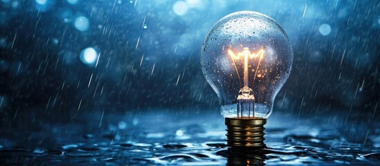 Wall Mural - Illuminated light bulb reflecting on water surface with blue rain backdrop creating a serene and moody atmosphere with vibrant rain droplets