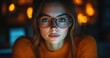 © ANUAR - Close-up Portrait of a Thoughtful Young Woman with Glasses in Warm Lighting, Reflecting Serenity and Introspection in a Cozy Atmosphere