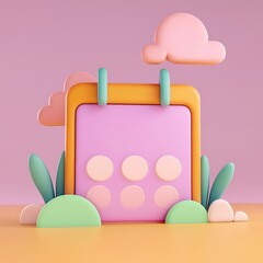 Poster - Pastel 3D Render of a Calendar Icon with Clouds and Plants