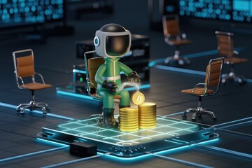 Poster - Astronaut mining bitcoins in a futuristic office setting.