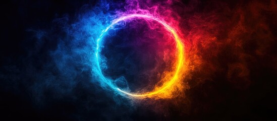 Poster - Vibrant circular light ring in blue and orange hues surrounded by colorful smoke effects against a deep black background creating a striking contrast