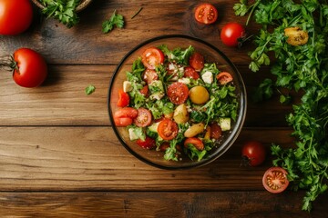 Wall Mural - Fresh tomato salad, wooden table, herbs, overhead shot, recipe