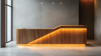 Poster - A sleek wooden reception desk with geometric design and ambient lighting creates a welcoming atmosphere in a minimalist interior