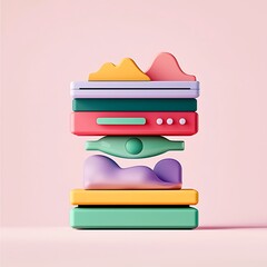 Poster - Abstract Stacked Colorful 3D Shapes on Pink Background