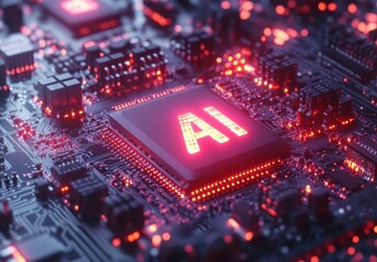 Poster - Close-Up View of a Circuit Board with AI Processor Highlighted in Bright Red Glow Among Other Electronic Components and Connectors