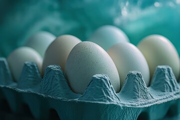 Poster - Freshly collected eggs arranged in a carton with a vivid teal background adding a modern touch to the farm setting