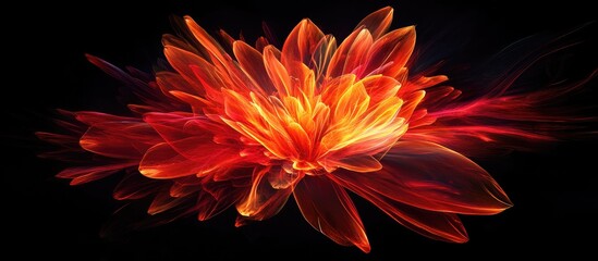 Poster - Vibrant abstract flower in shades of orange and red with fluid petals on a dark background creating a striking visual contrast and depth.
