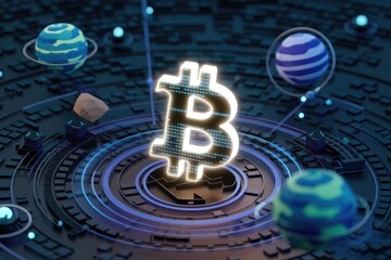 Poster - A glowing Bitcoin symbol sits at the center of a futuristic, technological network, surrounded by planets and data streams.